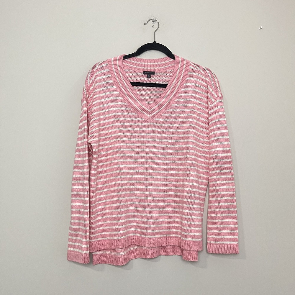 Talbots Pink White Striped V-Neck Sweater Coastal Preppy Nautical Women's Sz S
